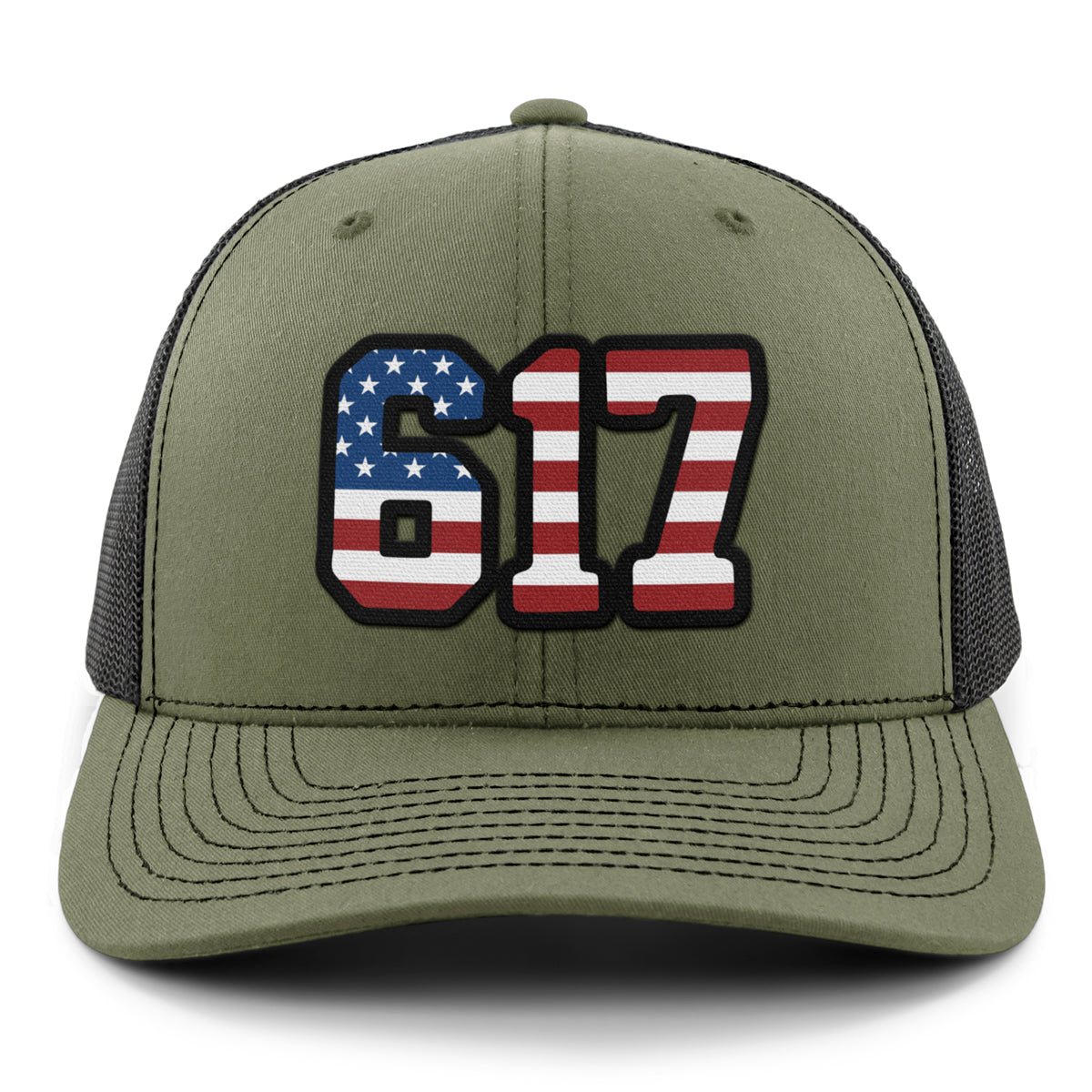Side view of Boston 617 Stars & Stripes snapback trucker — mesh back and structured front