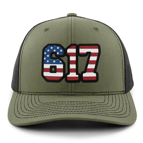 Side view of Boston 617 Stars & Stripes snapback trucker — mesh back and structured front