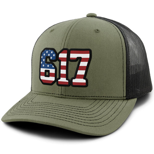 Boston 617 Stars & Stripes snapback trucker hat with 617 patch — Boston patriotic snapback