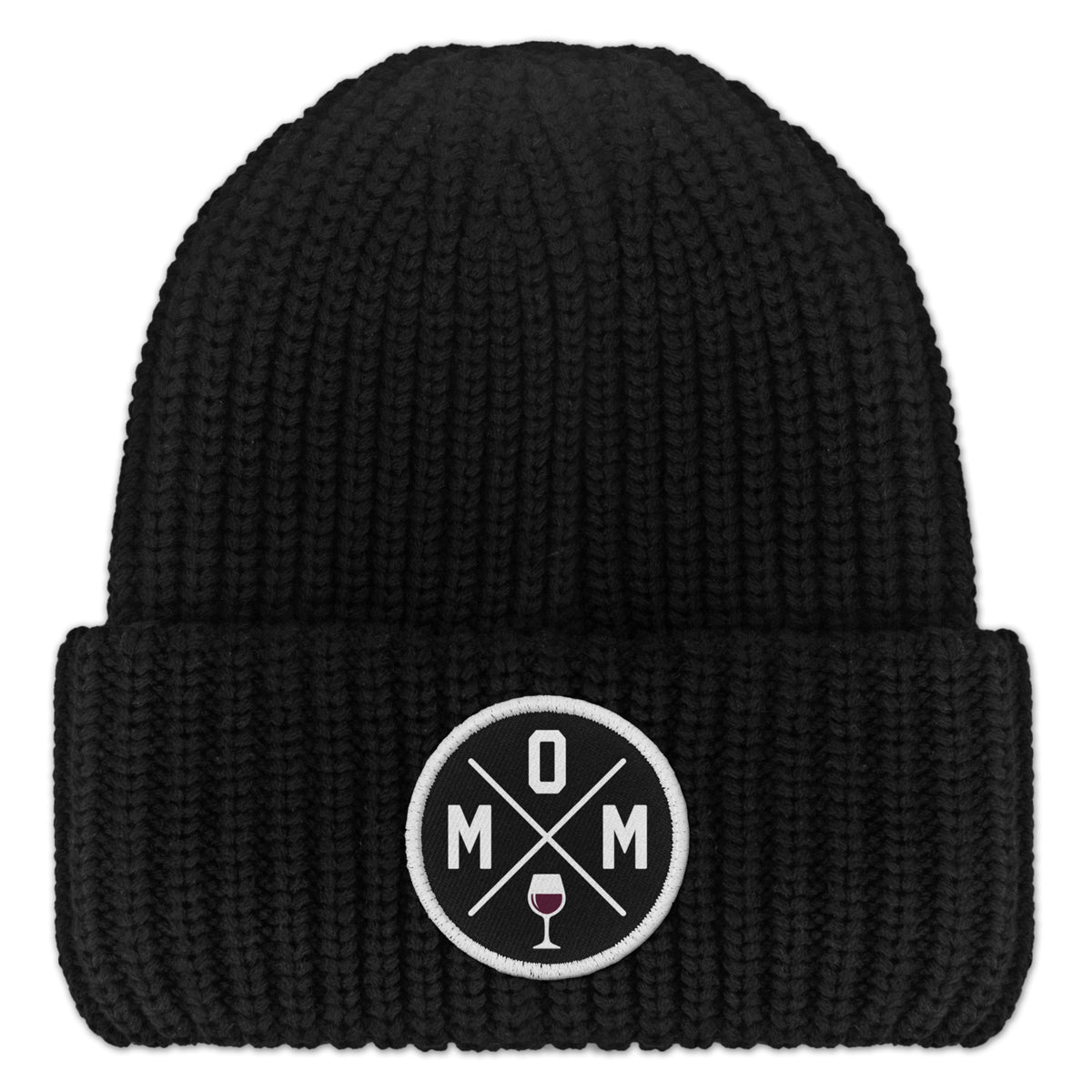 Mom Wine Lover Circle Patch Chunky Knit Winter Hat - Chowdaheadz