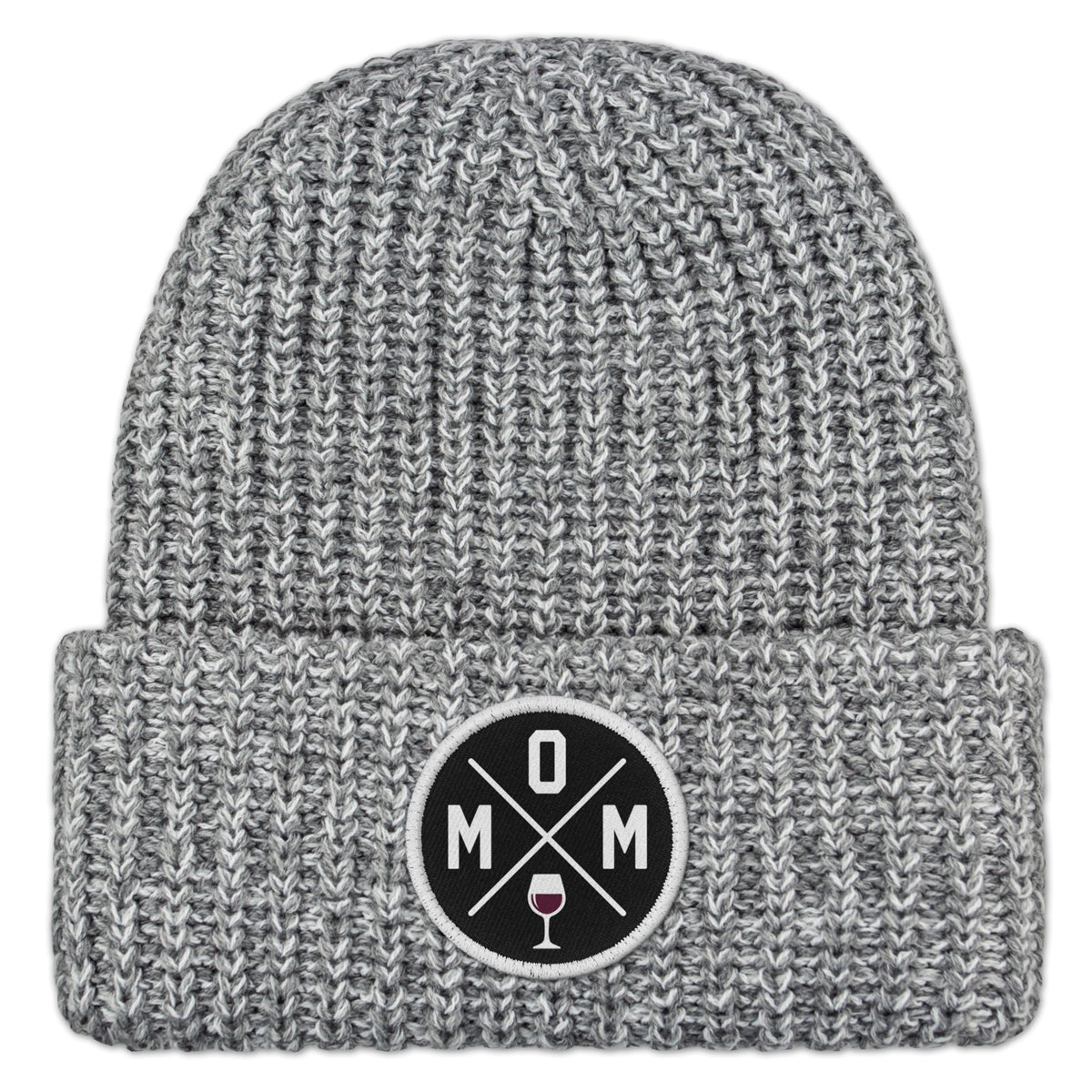 Mom Wine Lover Circle Patch Chunky Knit Winter Hat - Chowdaheadz