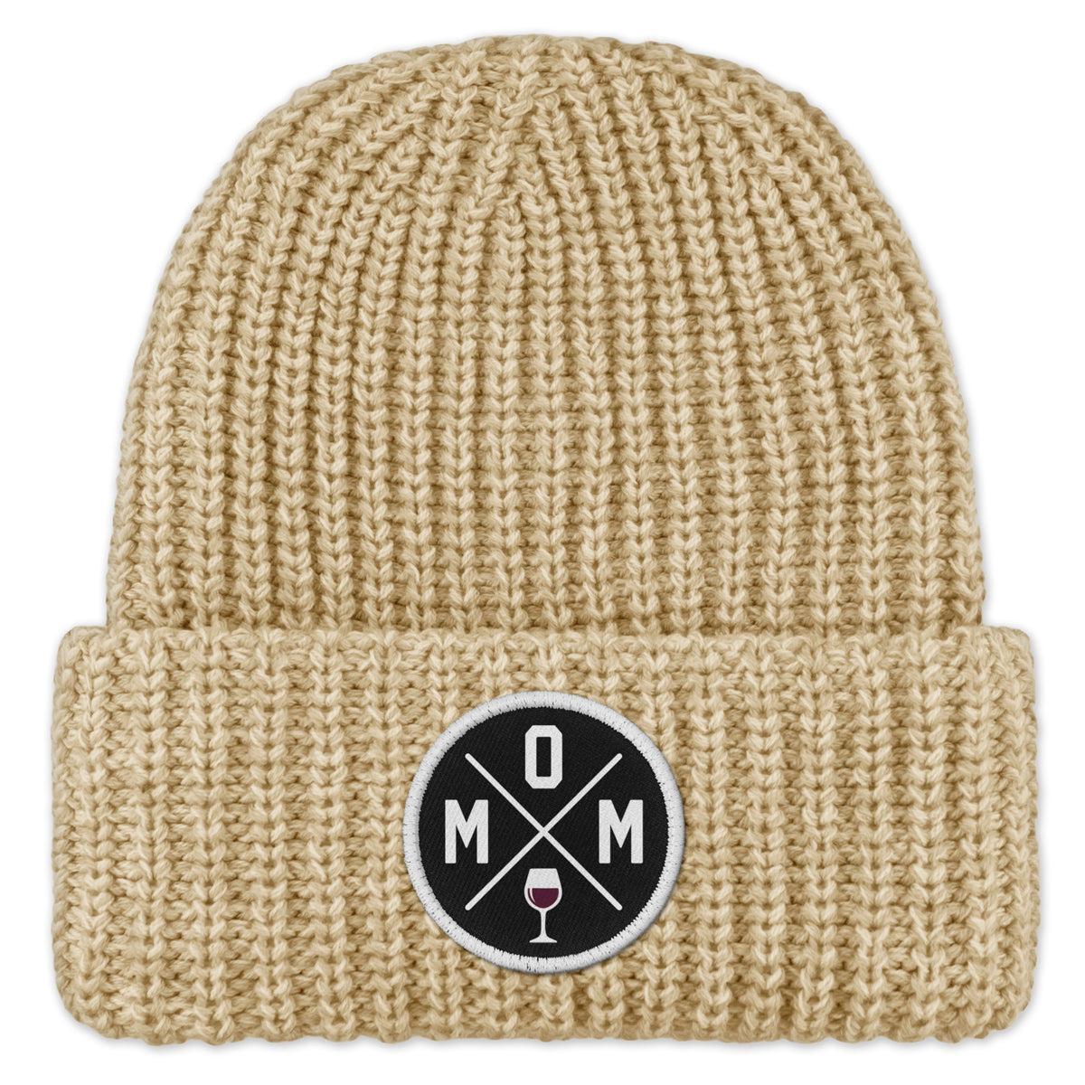 Mom Wine Lover Circle Patch Chunky Knit Winter Hat - Chowdaheadz