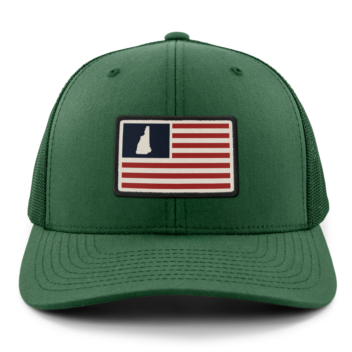 Front of dark green NH USA Flag Patch snapback trucker — flag patch detail