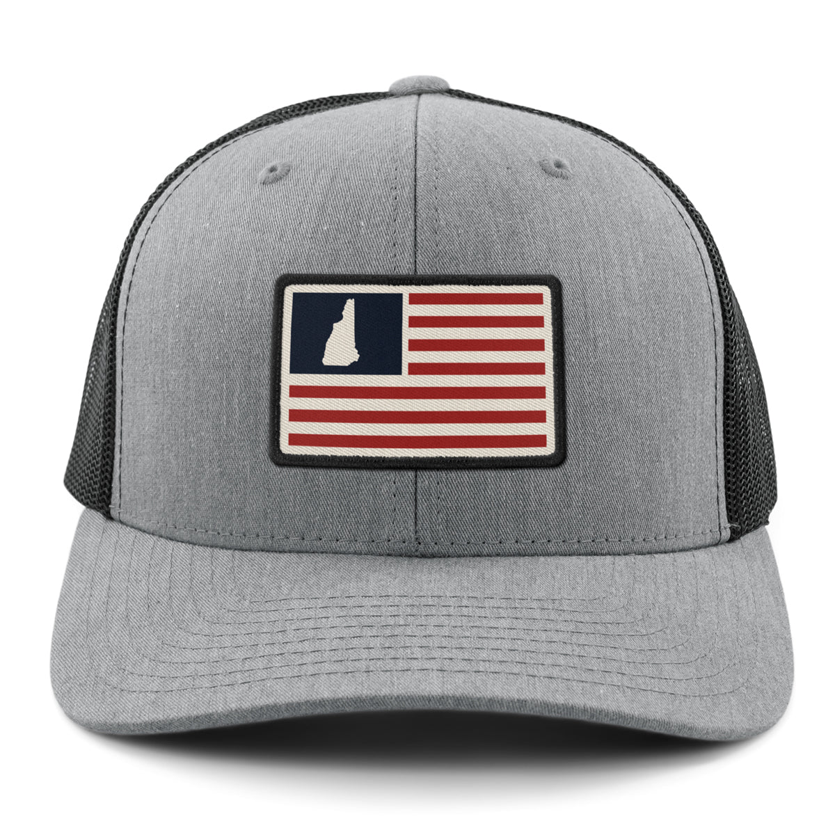 Front of gray NH USA Flag Patch snapback trucker — flag patch detail