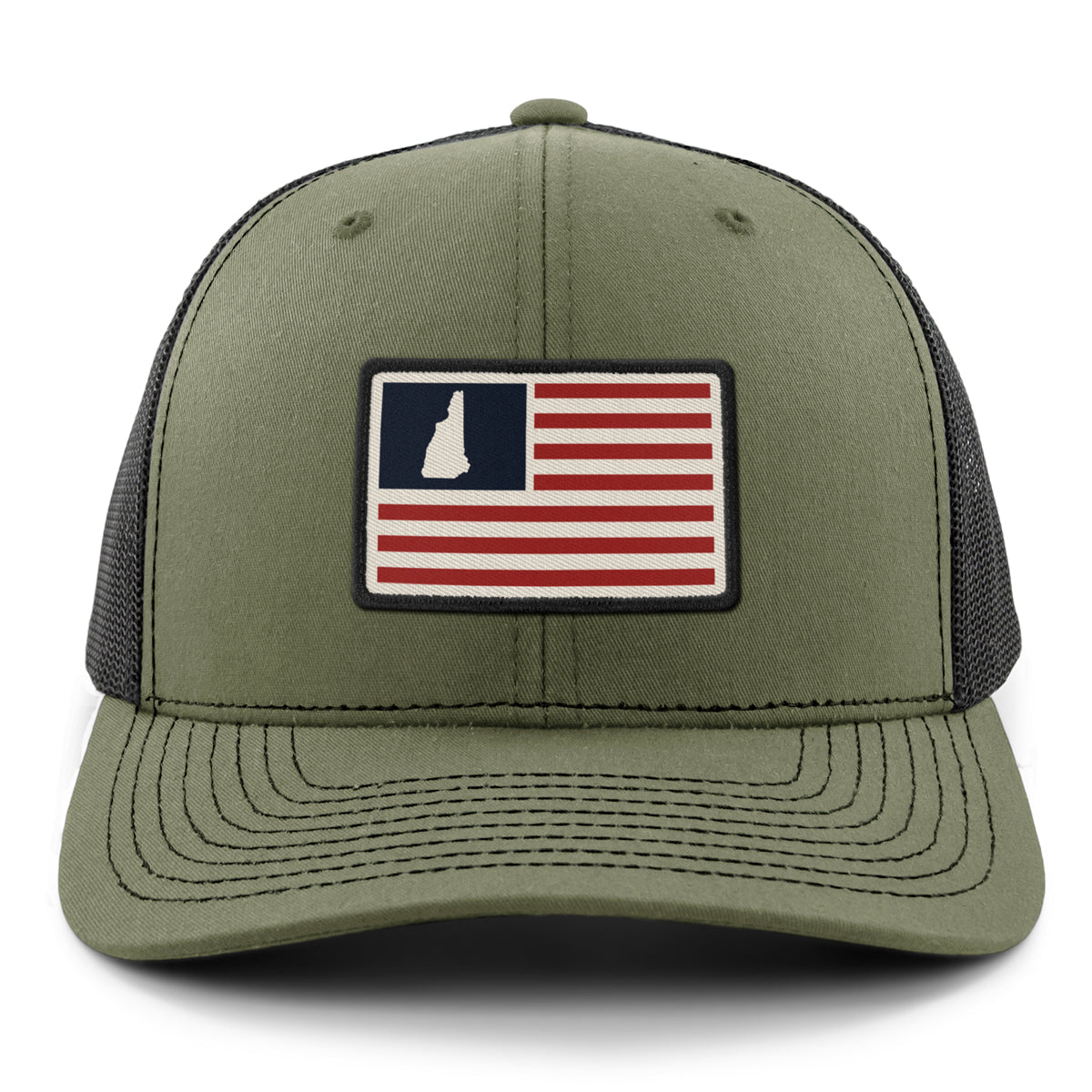 Front of military green NH USA Flag Patch snapback trucker — flag patch detail