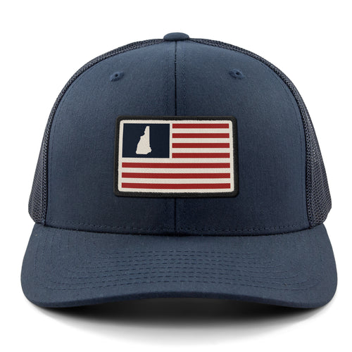 Front of navy NH USA Flag Patch snapback trucker — flag patch detail