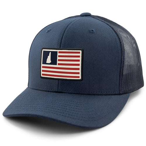 NH USA Flag Patch classic snapback trucker in navy — NH-USA flag patch on structured front