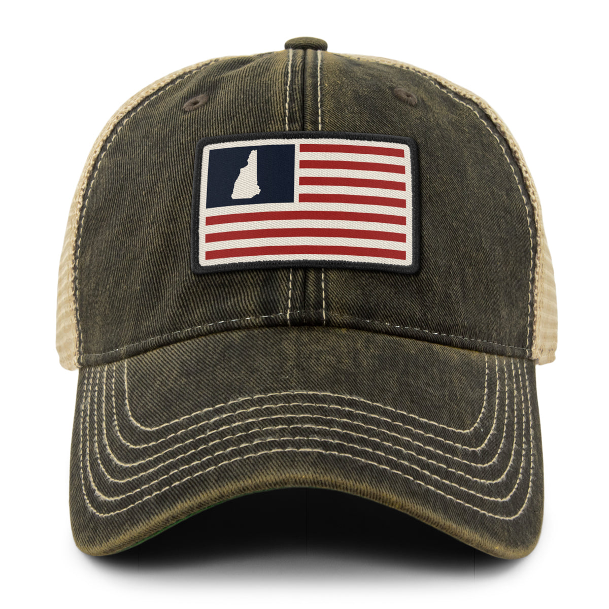 Front of black NH USA Flag Patch dirty water trucker — flag patch detail