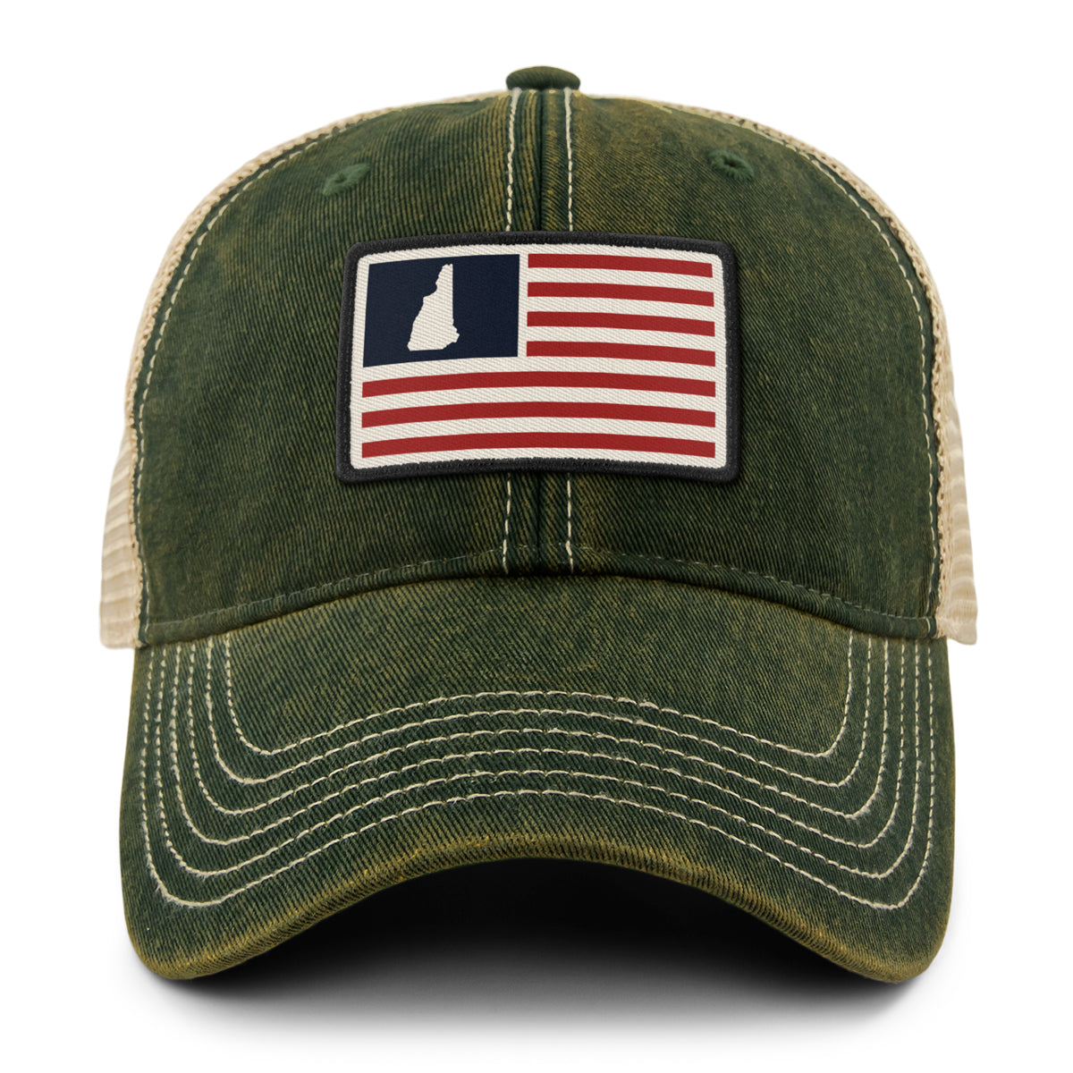 Front of dark green NH USA Flag Patch dirty water trucker — flag patch detail