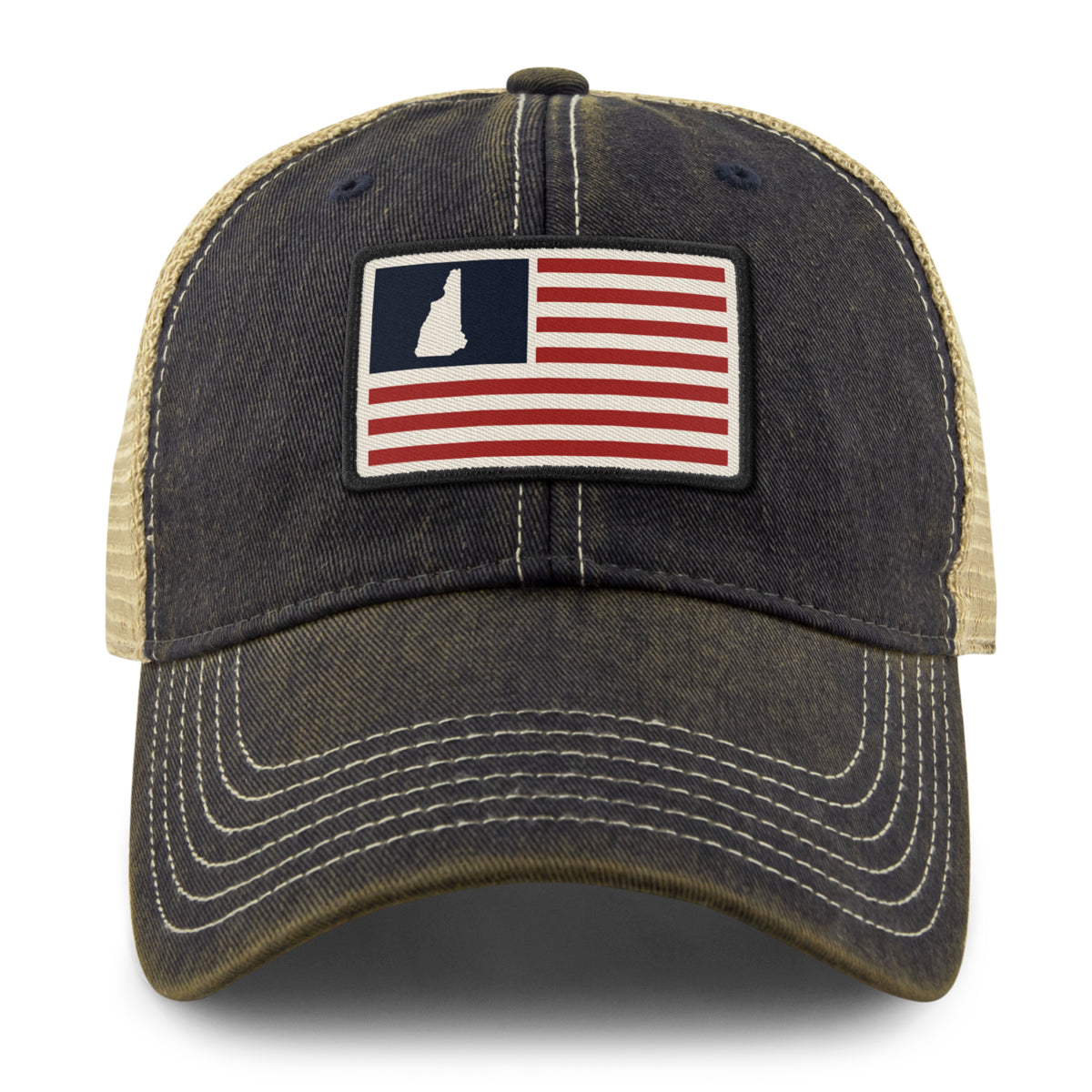 Front of navy NH USA Flag Patch dirty water trucker — flag patch detail