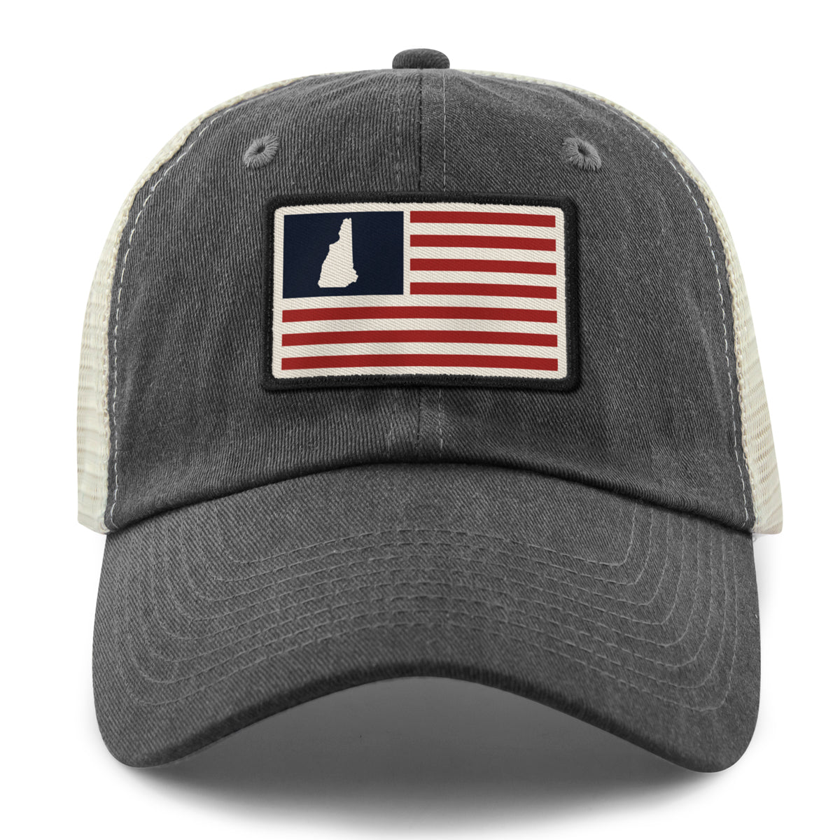 Front of charcoal NH USA Flag Patch relaxed trucker — flag patch detail