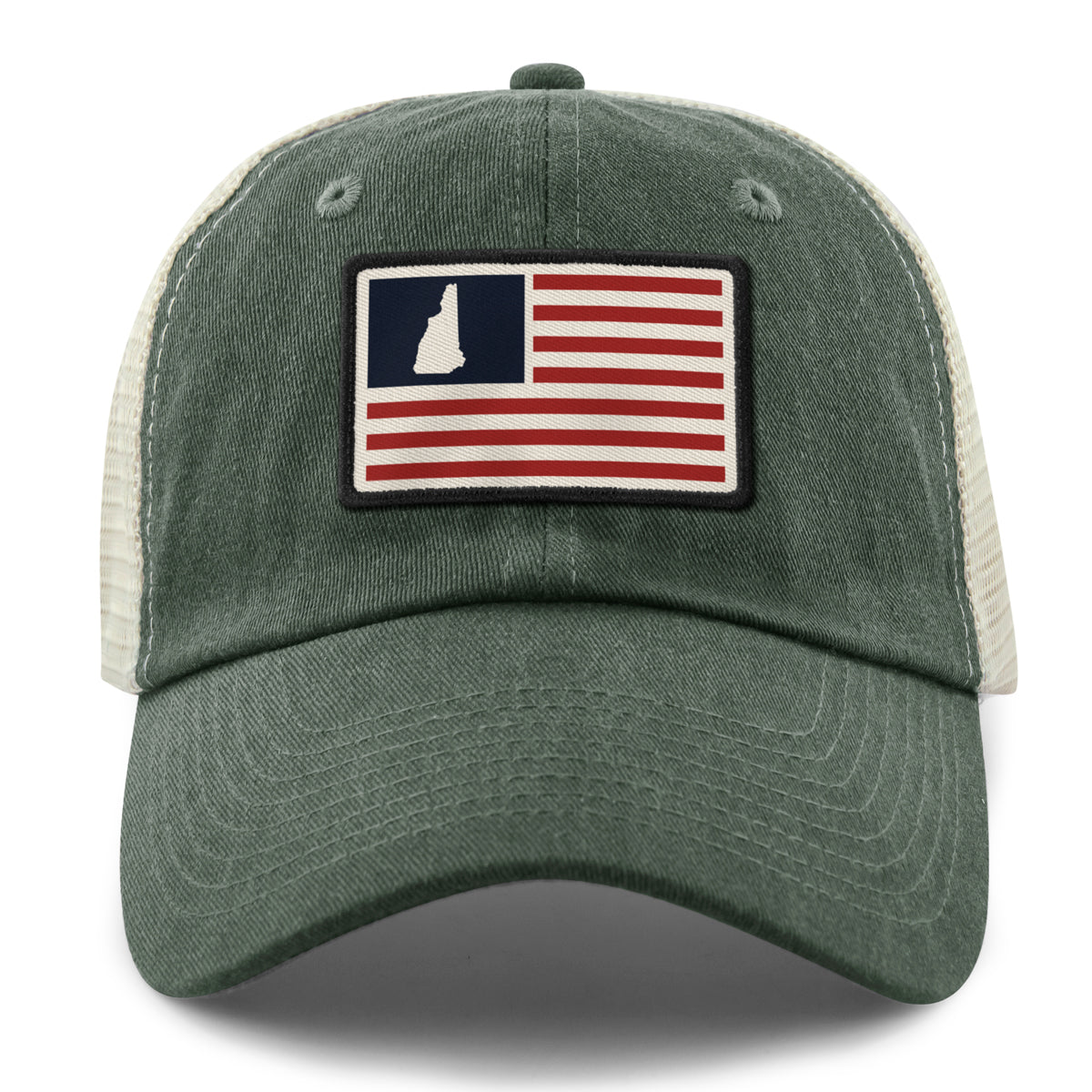 Front of dark green NH USA Flag Patch relaxed trucker — flag patch detail