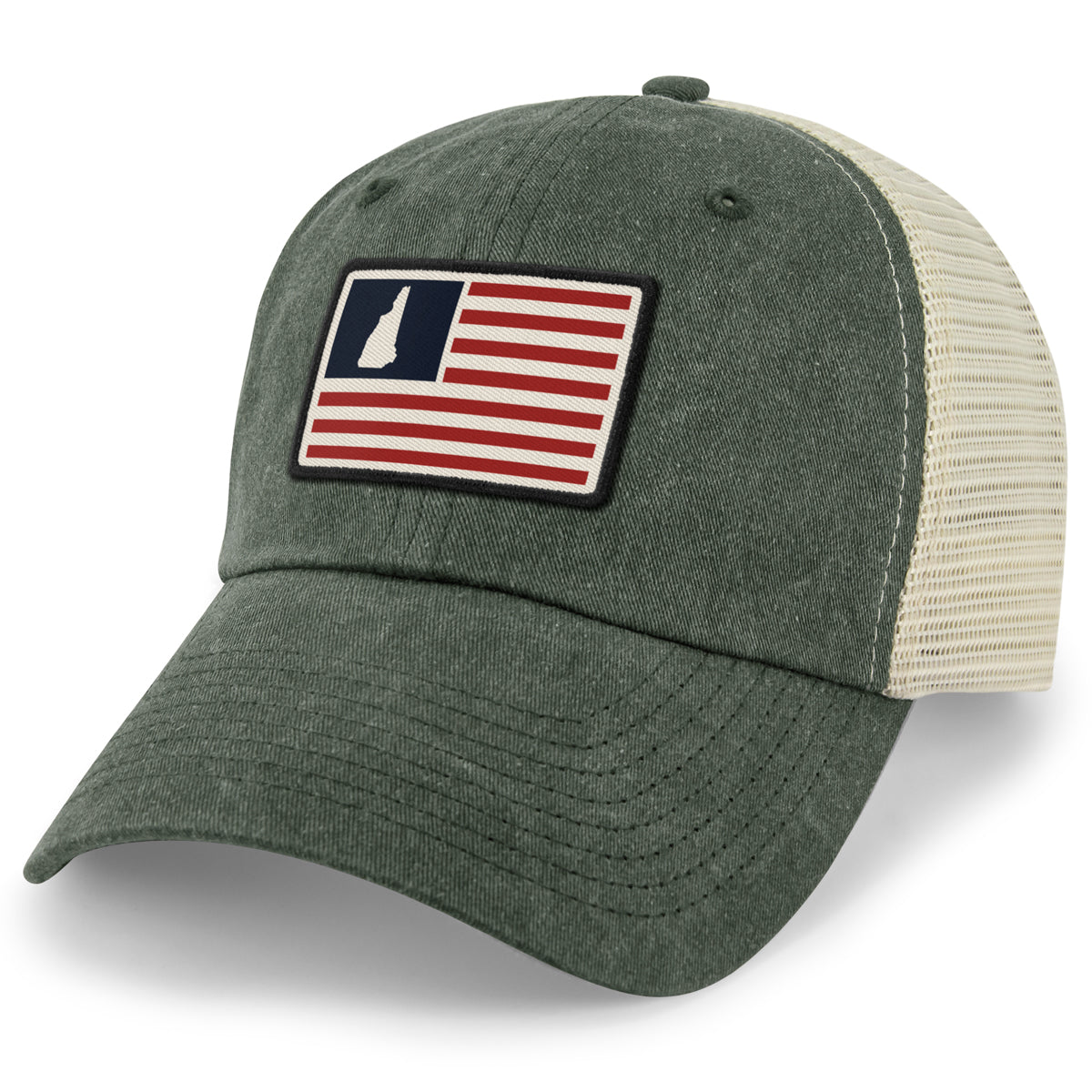 NH USA Flag Patch relaxed trucker in dark green — NH-USA flag patch on soft front