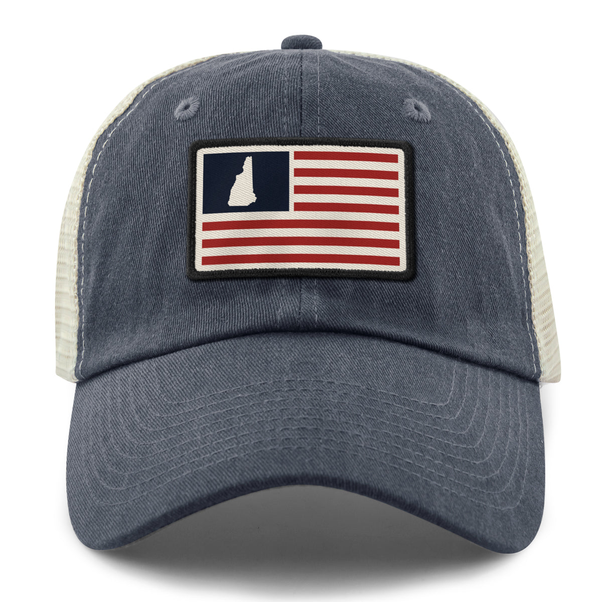 Front of navy NH USA Flag Patch relaxed trucker — flag patch detail