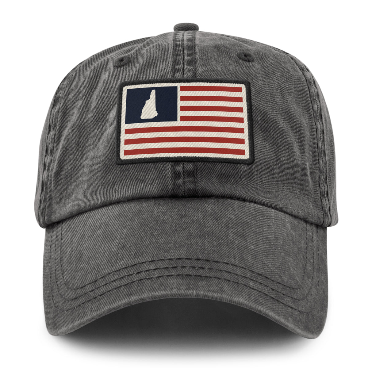 Front of charcoal NH USA Flag Patch washed dad hat — flag patch detail