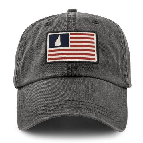 Front of charcoal NH USA Flag Patch washed dad hat — flag patch detail