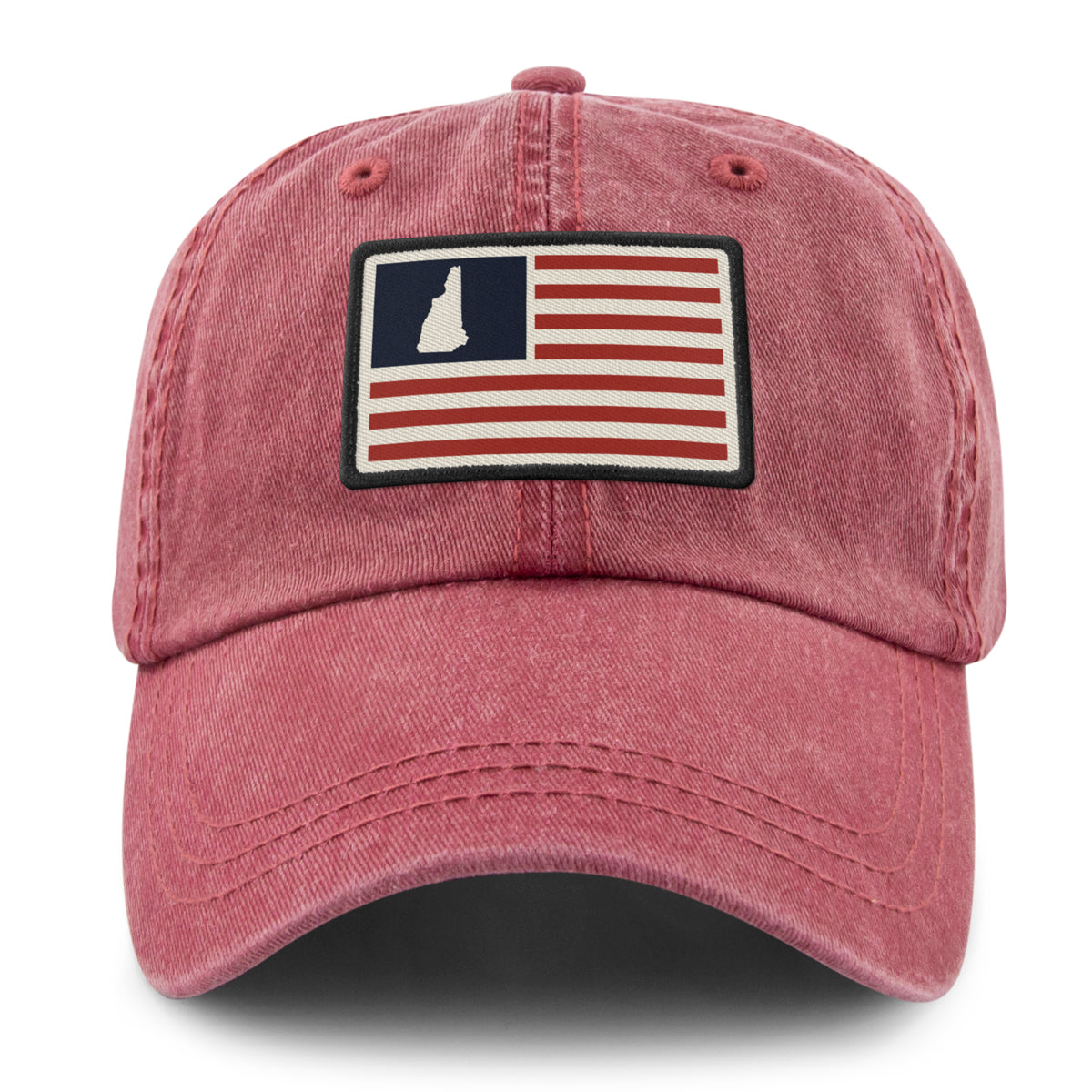 Front of cardinal NH USA Flag Patch washed dad hat — flag patch detail