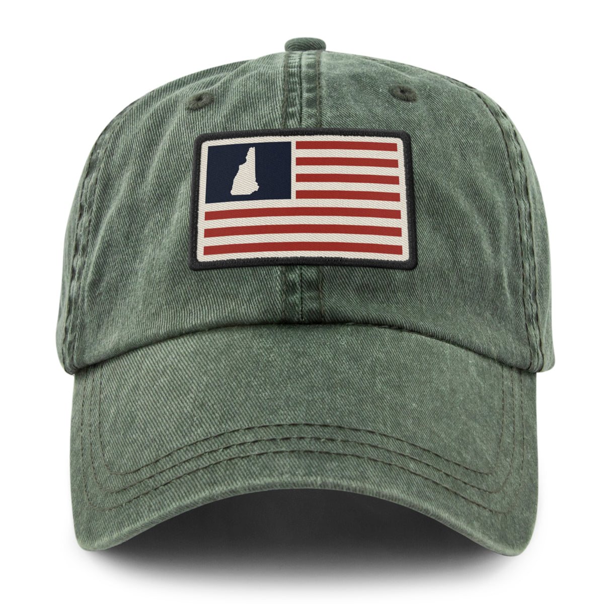 Front of dark green NH USA Flag Patch washed dad hat — flag patch detail