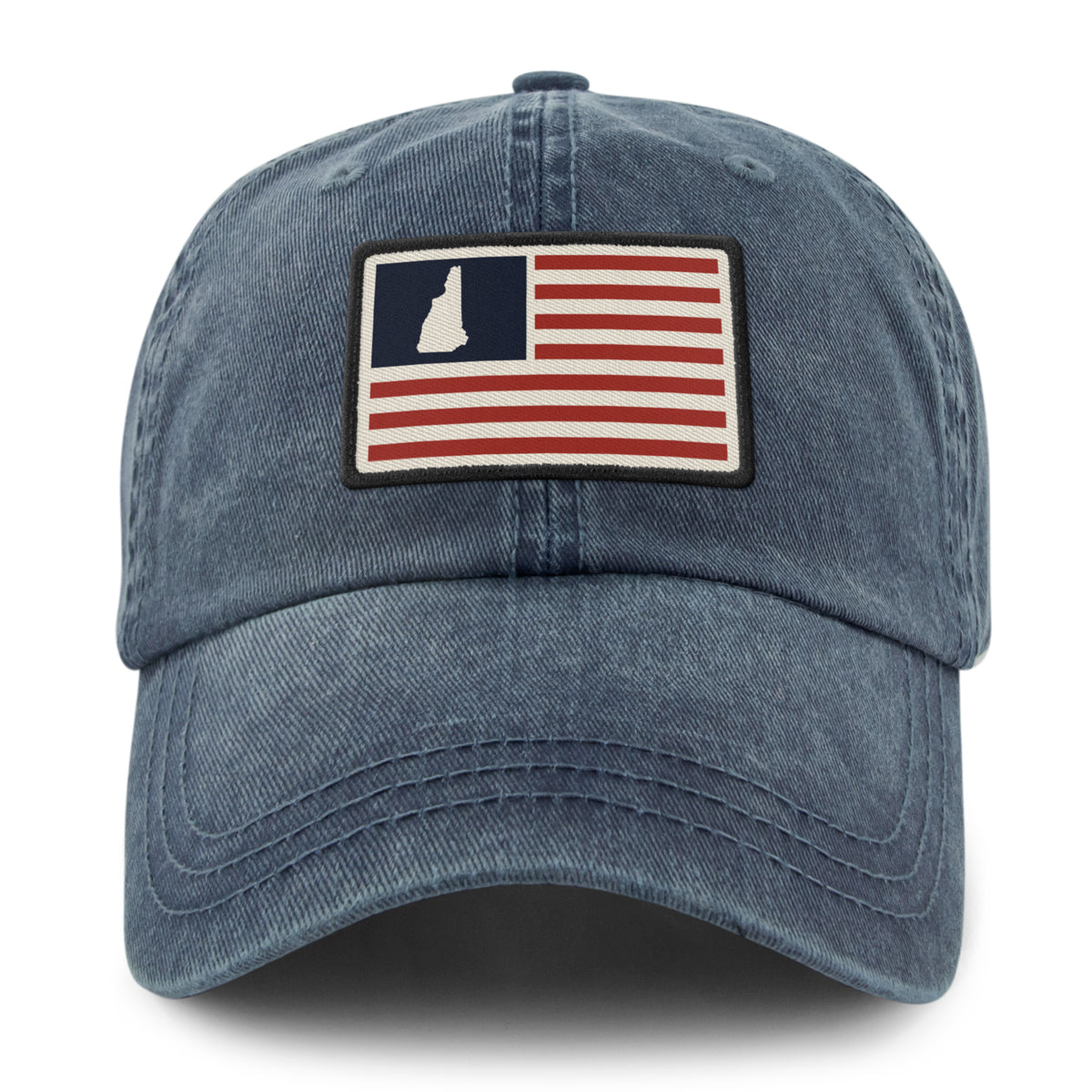 Front of navy NH USA Flag Patch washed dad hat — flag patch detail