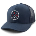 USA Circle Emblem snapback trucker in navy — structured front and mesh back