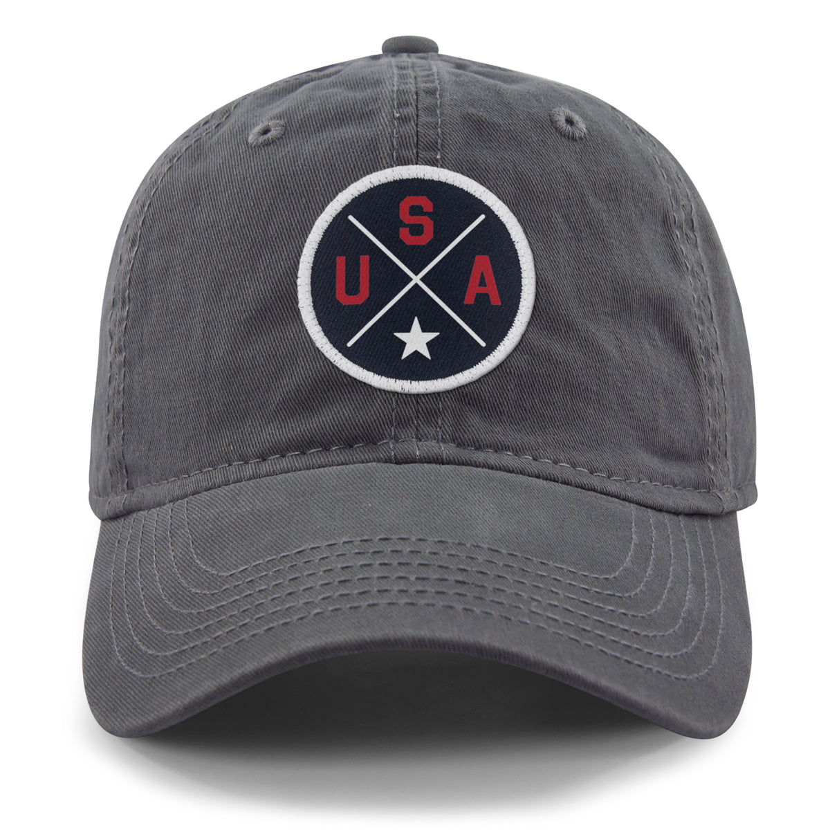 Front of charcoal USA Circle Emblem Patch dad hat — emblem patch detail