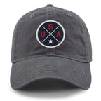 Front of charcoal USA Circle Emblem Patch dad hat — emblem patch detail