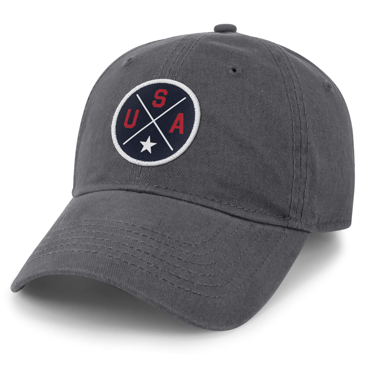 USA Circle Emblem Patch dad hat in charcoal — circle USA emblem patch