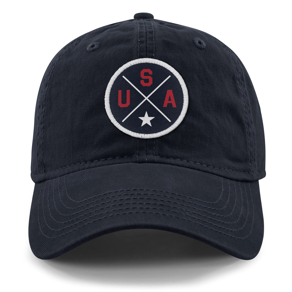 Front of navy USA Circle Emblem Patch dad hat — emblem patch detail