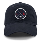 Front of navy USA Circle Emblem Patch dad hat — emblem patch detail