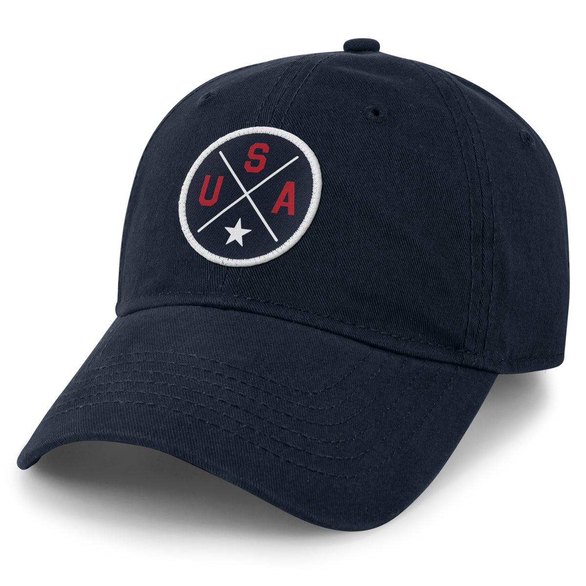 USA Circle Emblem Patch dad hat in navy — circle USA emblem patch