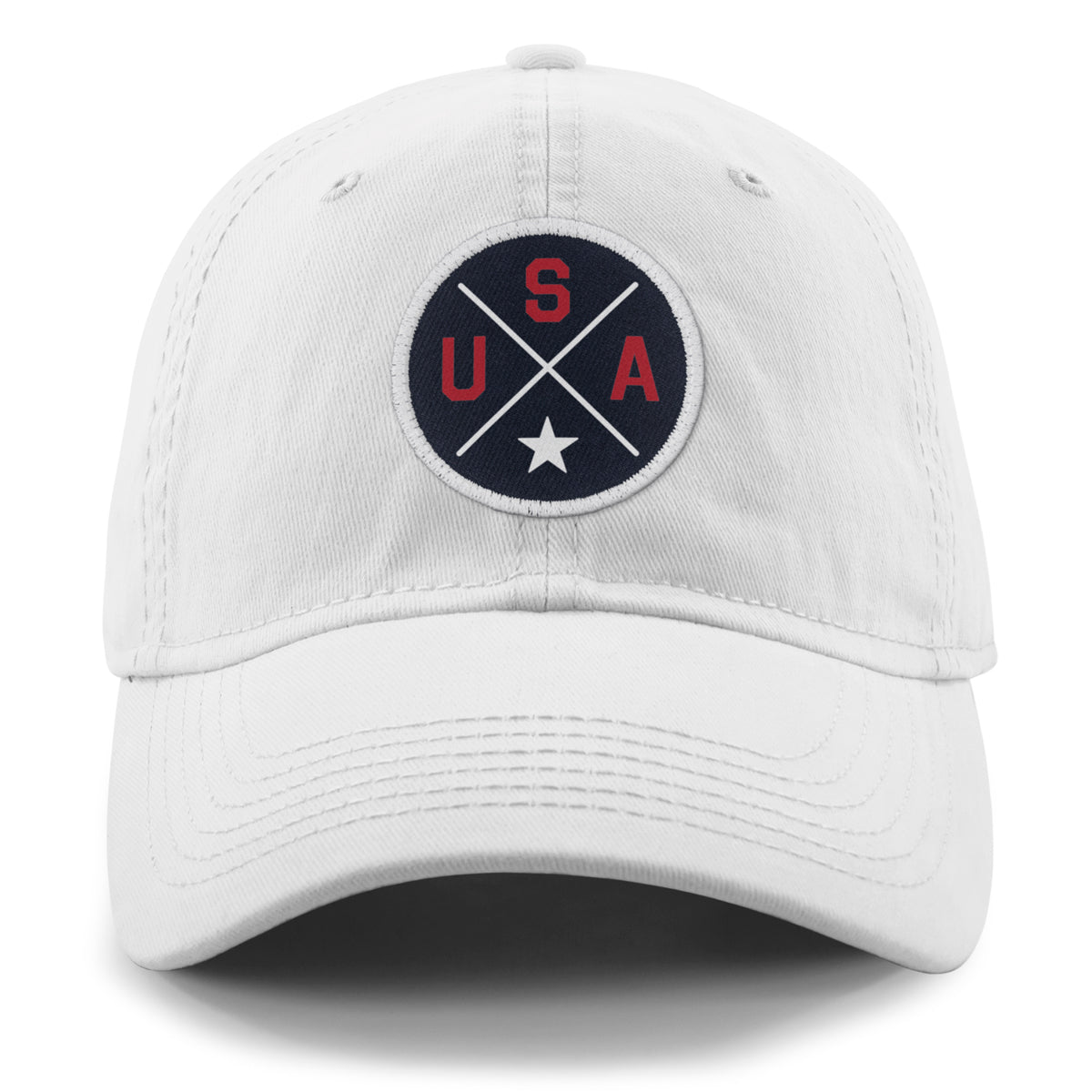 Front of white USA Circle Emblem Patch dad hat — emblem patch detail