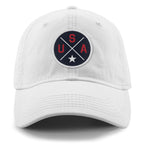 Front of white USA Circle Emblem Patch dad hat — emblem patch detail