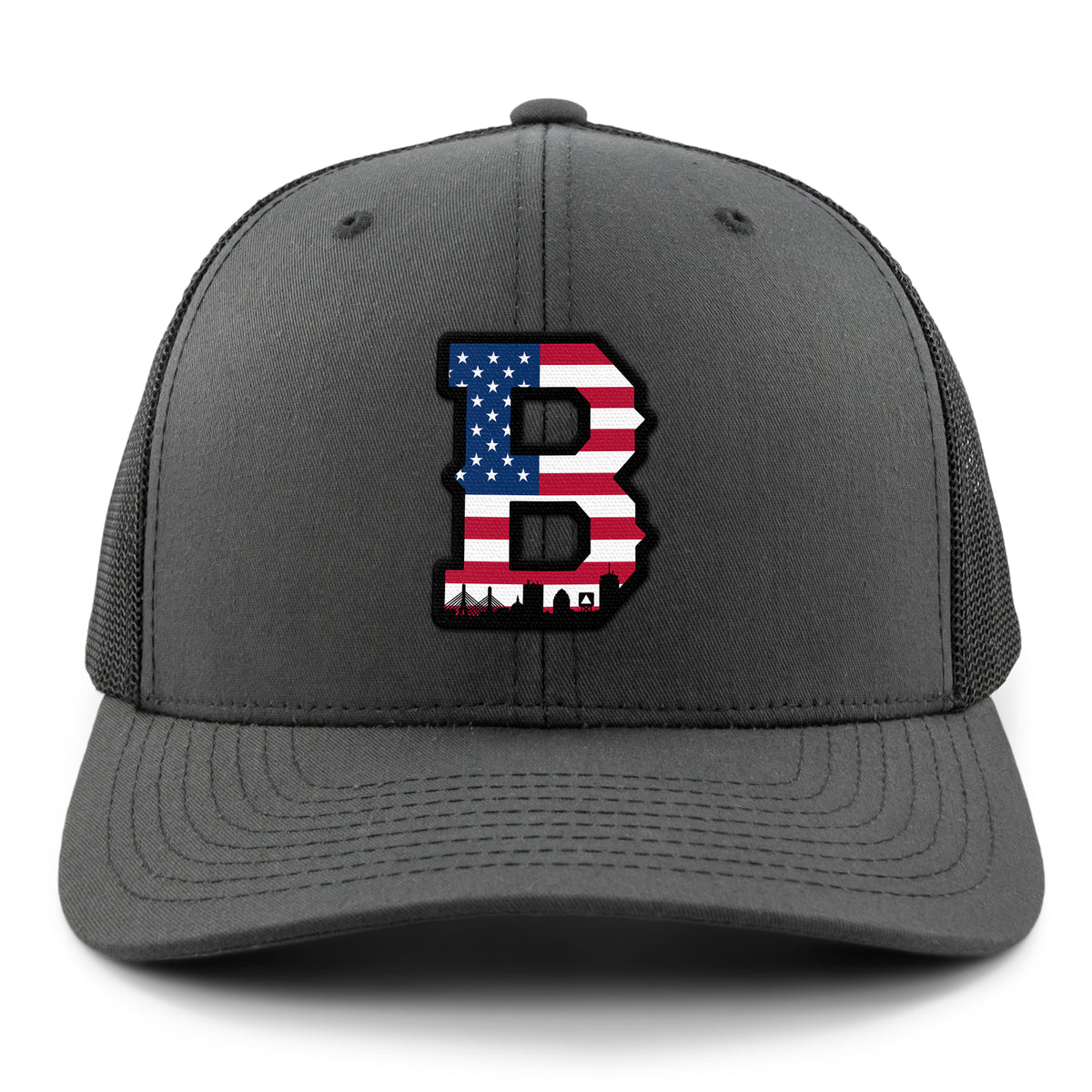 Front view of USA Boston Block B Skyline snapback in charcoal — boston flag patch detail