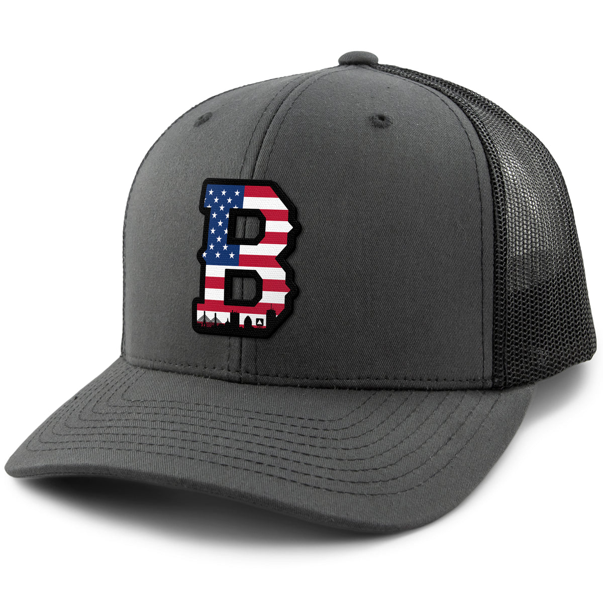 USA Boston Block B Skyline snapback trucker hat in charcoal — boston usa trucker hat