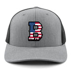 Front view of USA Boston Block B Skyline snapback in gray — american flag boston patch