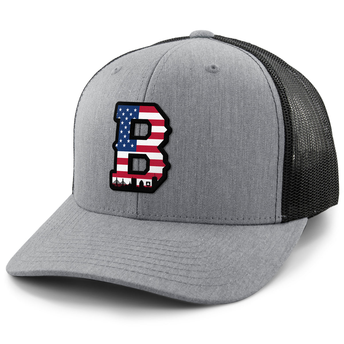 USA Boston Block B Skyline snapback trucker hat in gray — boston pride hat