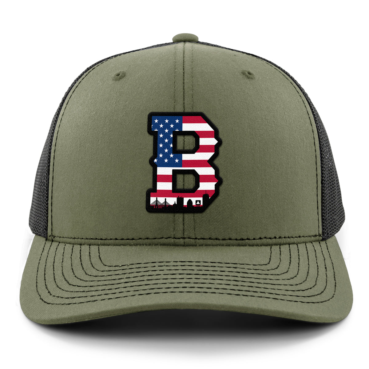 Front view of USA Boston Block B Skyline snapback in military green — american flag patch