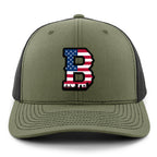 Front view of USA Boston Block B Skyline snapback in military green — american flag patch