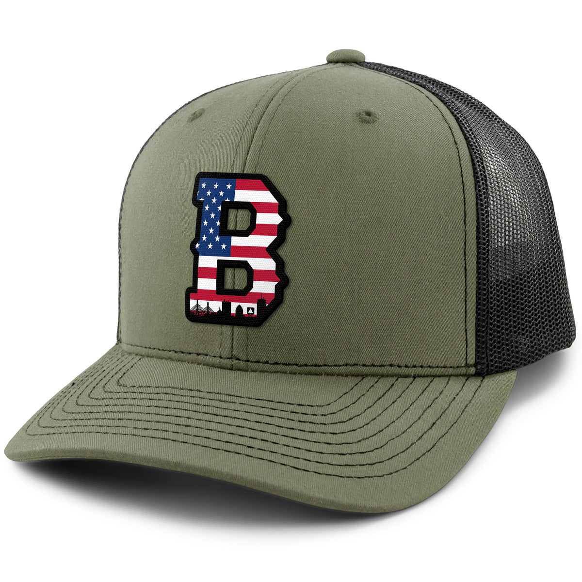 USA Boston Block B Skyline snapback trucker hat in military green — boston pride trucker