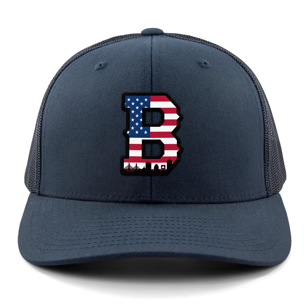 Front view of USA Boston Block B Skyline snapback in navy — patriotic boston hat