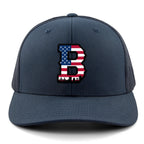 Front view of USA Boston Block B Skyline snapback in navy — patriotic boston hat