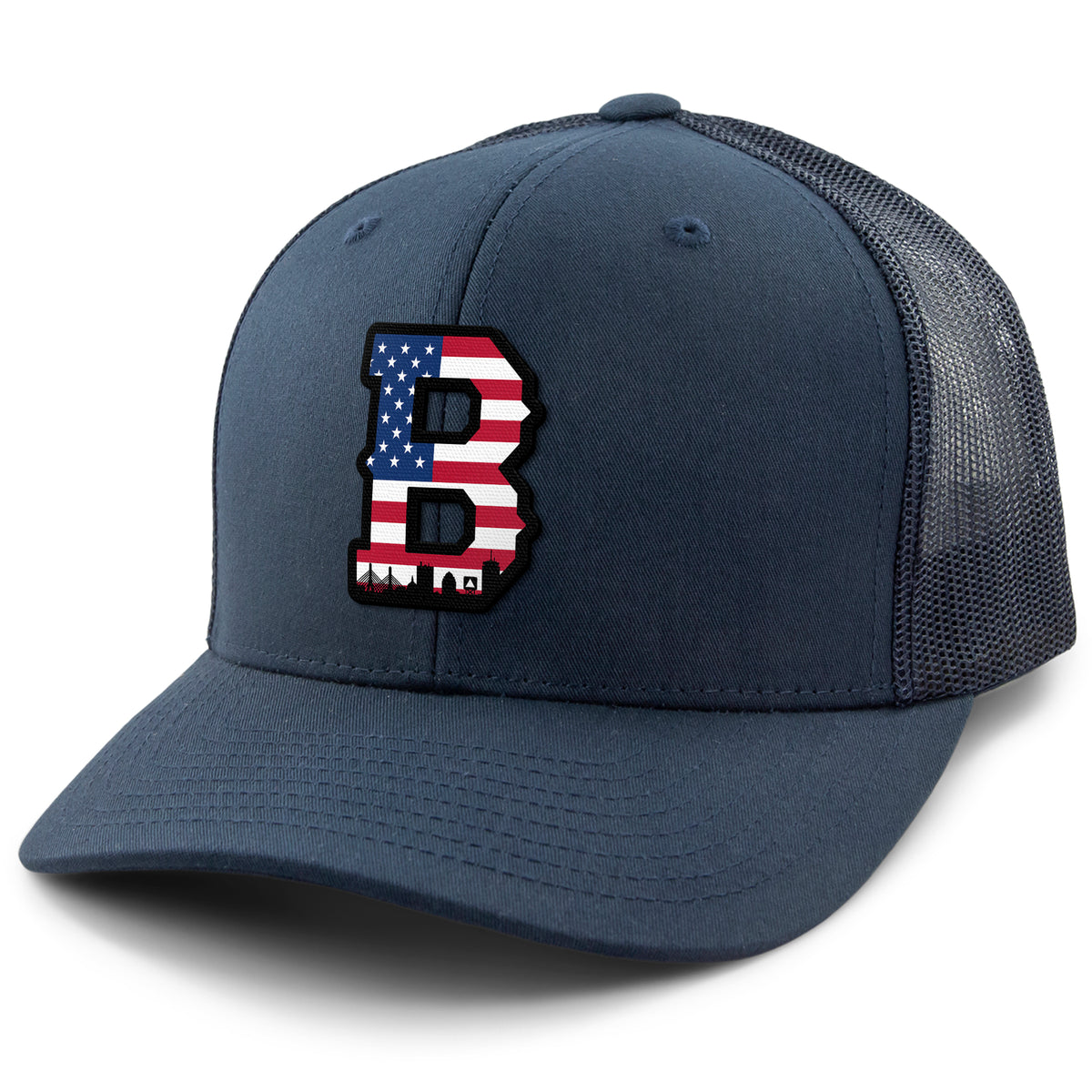 USA Boston Block B Skyline snapback trucker hat in navy — boston usa snapback