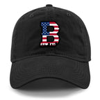 Front of black USA Boston Block B Skyline dad hat with American flag Block B