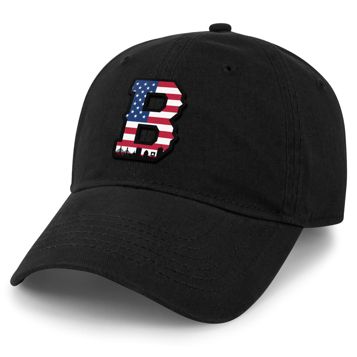 USA Boston Block B Skyline dad hat in black — flag-filled Block B and Boston
