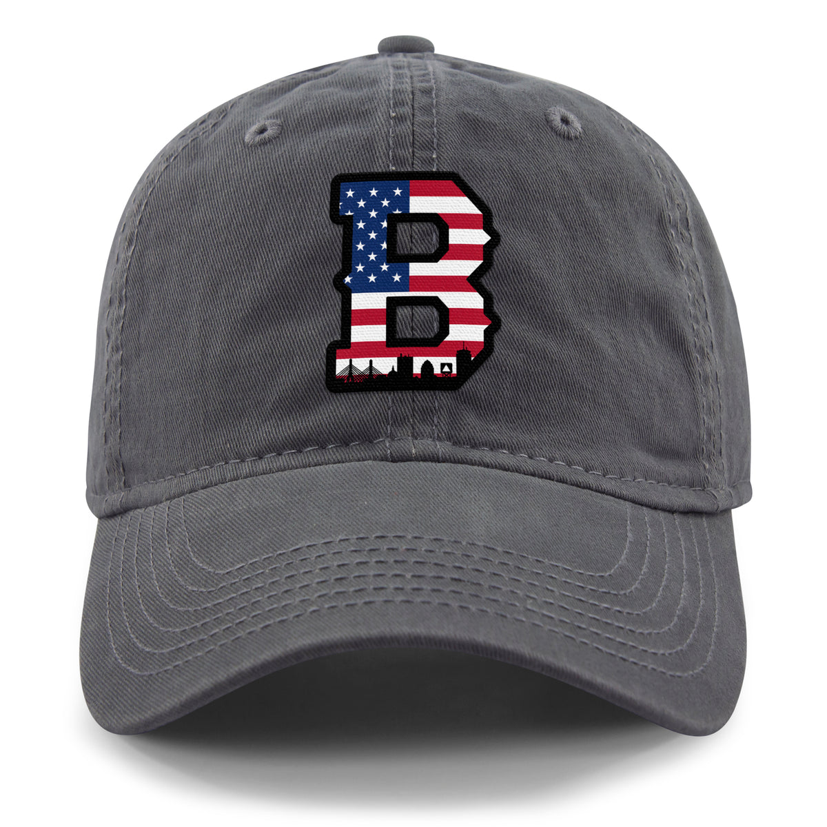 Front of charcoal USA Boston Block B Skyline dad hat with American flag Block B
