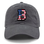 Front of charcoal USA Boston Block B Skyline dad hat with American flag Block B