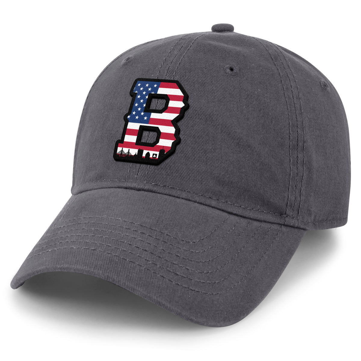 USA Boston Block B Skyline dad hat in charcoal — flag-filled Block B and Boston