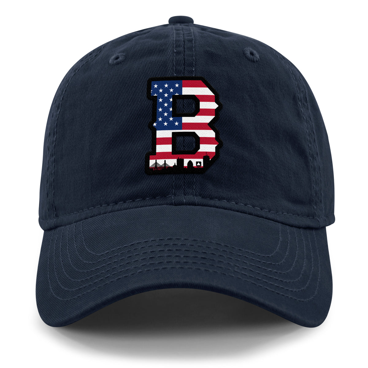 Front of navy USA Boston Block B Skyline dad hat with American flag Block B