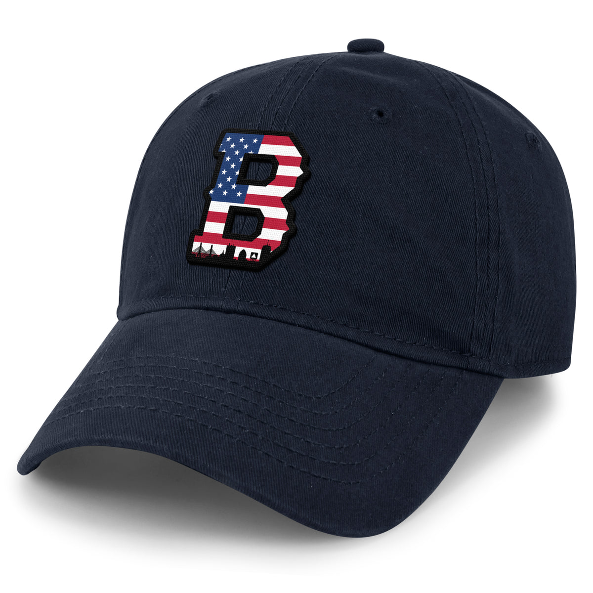 USA Boston Block B Skyline dad hat in navy — flag-filled Block B and Boston