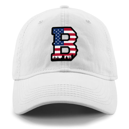 Front of white USA Boston Block B Skyline dad hat with American flag Block B